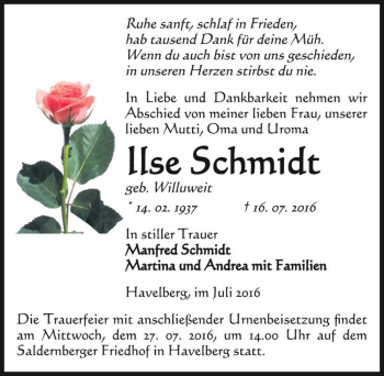 Traueranzeige von Ilse Schmidt (geb. Willuweit)  von Magdeburger Volksstimme