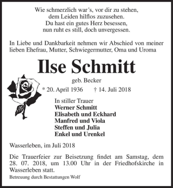 Traueranzeige von Ilse Schmitt (geb. Becker)  von Magdeburger Volksstimme