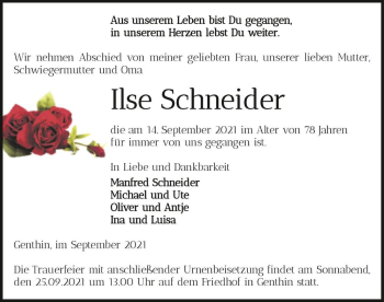 Traueranzeige von Ilse Schneider  von Magdeburger Volksstimme