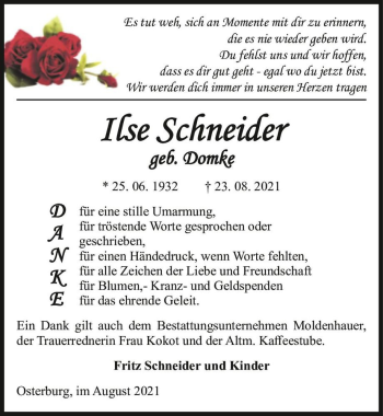 Traueranzeige von Ilse Schneider (geb. Domke)  von Magdeburger Volksstimme