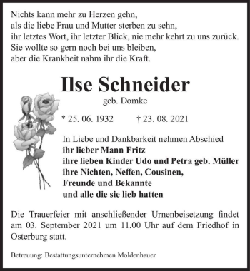 Traueranzeige von Ilse Schneider (geb. Domke)  von Magdeburger Volksstimme