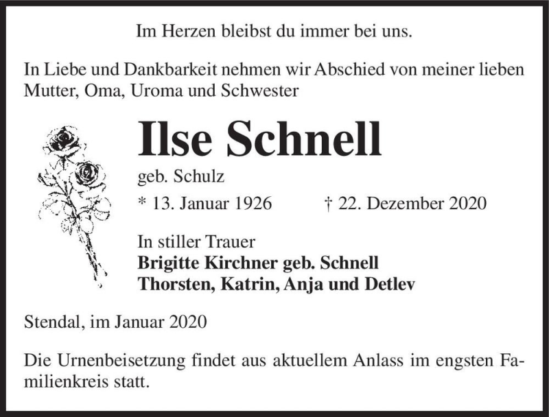  Traueranzeige für Ilse Schnell (geb. Schulz)  vom 08.01.2021 aus Magdeburger Volksstimme