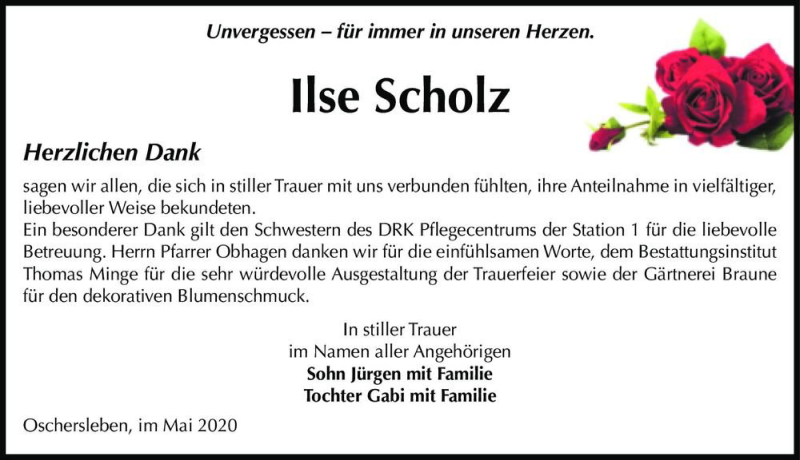  Traueranzeige für Ilse Scholz  vom 09.05.2020 aus Magdeburger Volksstimme