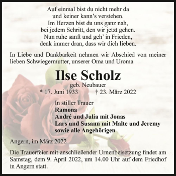 Traueranzeige von Ilse Scholz (geb. Neubauer)  von Magdeburger Volksstimme