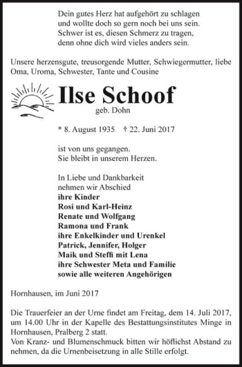 Traueranzeige von Ilse Schoof (geb. Dohn)  von Magdeburger Volksstimme