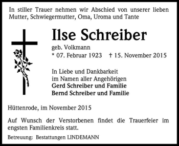 Traueranzeige von Ilse Schreiber (geb. Volkmann)  von Magdeburger Volksstimme