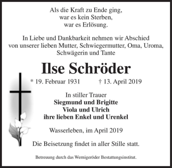 Traueranzeige von Ilse Schröder  von Magdeburger Volksstimme