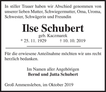 Traueranzeige von Ilse Schubert (geb. Kaczmarek)  von Magdeburger Volksstimme