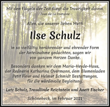 Traueranzeige von Ilse Schulz  von Magdeburger Volksstimme