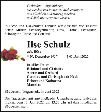Traueranzeige von Ilse Schulz (geb. Böse)  von Magdeburger Volksstimme