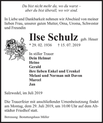 Traueranzeige von Ilse Schulz (geb. Heuer)  von Magdeburger Volksstimme