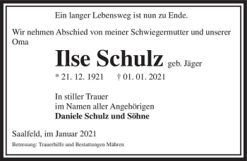Traueranzeige von Ilse Schulz (geb. Jäger)  von Magdeburger Volksstimme