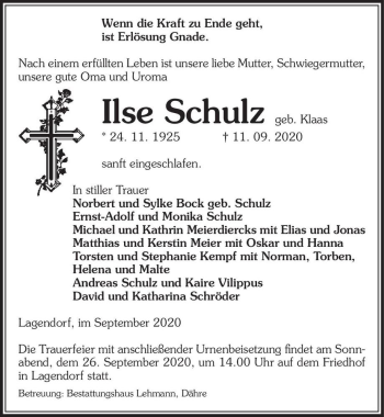 Traueranzeige von Ilse Schulz (geb. Klaas)  von Magdeburger Volksstimme