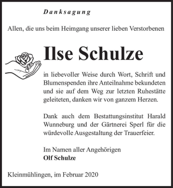 Traueranzeige von Ilse Schulze  von Magdeburger Volksstimme