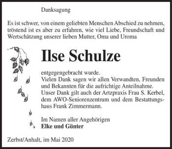 Traueranzeige von Ilse Schulze  von Magdeburger Volksstimme