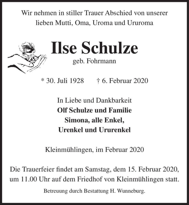  Traueranzeige für Ilse Schulze (geb. Fohrmann)  vom 12.02.2020 aus Magdeburger Volksstimme