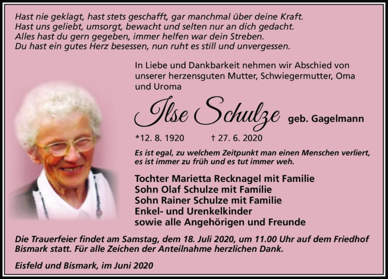  Traueranzeige für Ilse Schulze (geb. Gagelmann)  vom 11.07.2020 aus Magdeburger Volksstimme