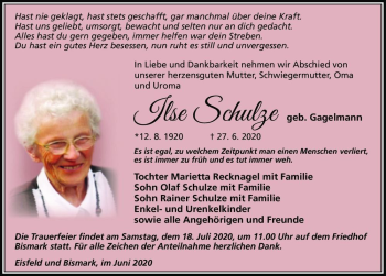 Traueranzeige von Ilse Schulze (geb. Gagelmann)  von Magdeburger Volksstimme