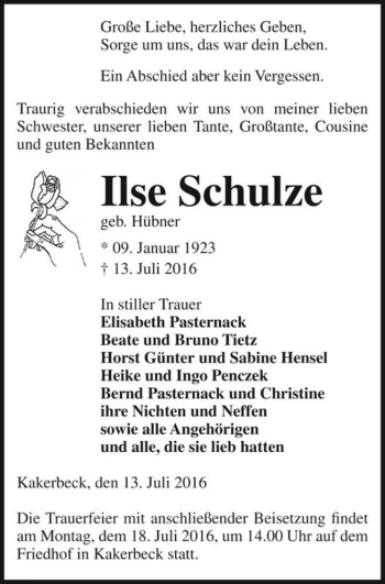 Traueranzeige von Ilse Schulze (geb. Hübner)  von Magdeburger Volksstimme