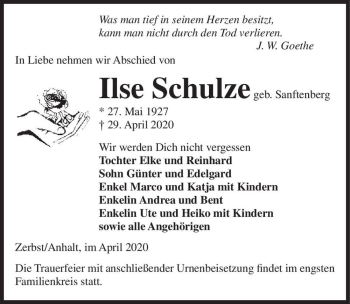 Traueranzeige von Ilse Schulze (geb. Sanftenberg)  von Magdeburger Volksstimme