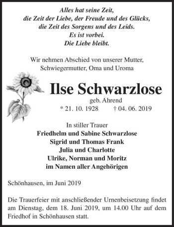 Traueranzeige von Ilse Schwarzlose (geb. Ahrend)  von Magdeburger Volksstimme