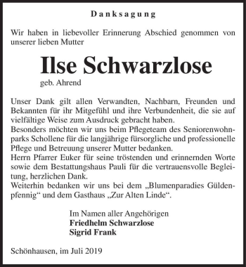 Traueranzeige von Ilse Schwarzlose (geb. Ahrend)  von Magdeburger Volksstimme