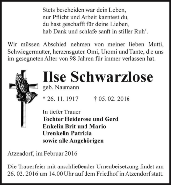 Traueranzeige von Ilse Schwarzlose (geb. Naumann)  von Magdeburger Volksstimme