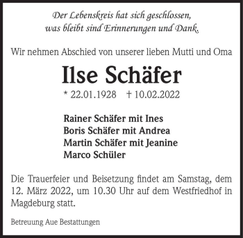 Traueranzeige von Ilse Schäfer  von Magdeburger Volksstimme