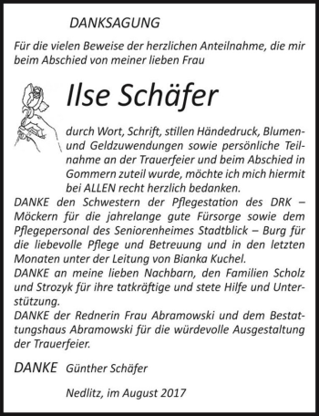 Traueranzeige von Ilse Schäfer  von Magdeburger Volksstimme