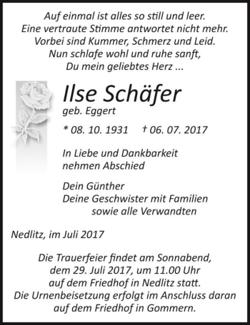 Traueranzeige von Ilse Schäfer (geb. Eggert)  von Magdeburger Volksstimme