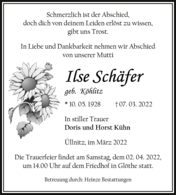 Traueranzeige von Ilse Schäfer (geb. Köhlitz)  von Magdeburger Volksstimme