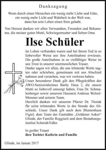 Traueranzeige von Ilse Schüler  von Magdeburger Volksstimme