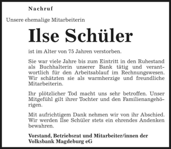 Traueranzeige von Ilse Schüler  von Magdeburger Volksstimme