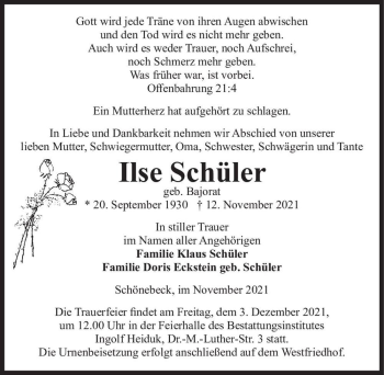 Traueranzeige von Ilse Schüler (geb. Bajorat)  von Magdeburger Volksstimme