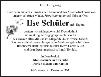 Traueranzeige von Ilse Schüler (geb. Bajorat)  von Magdeburger Volksstimme