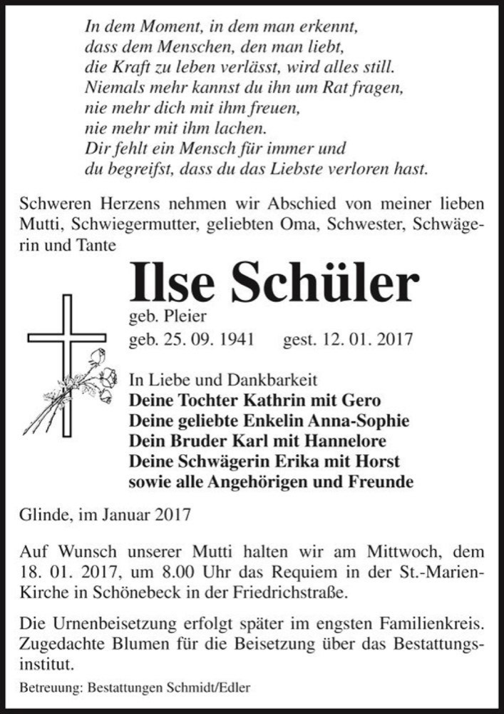  Traueranzeige für Ilse Schüler (geb. Pleier)  vom 14.01.2017 aus Magdeburger Volksstimme