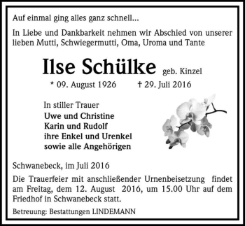 Traueranzeige von Ilse Schülke (geb. Kinzel)  von Magdeburger Volksstimme