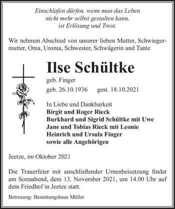 Traueranzeige von Ilse Schültke (geb. Finger)  von Magdeburger Volksstimme