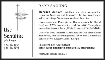 Traueranzeige von Ilse Schültke (geb. Finger)  von Magdeburger Volksstimme