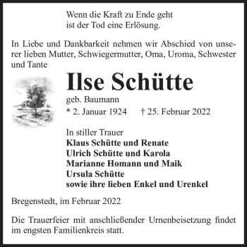Traueranzeige von Ilse Schütte (geb. Baumann)  von Magdeburger Volksstimme