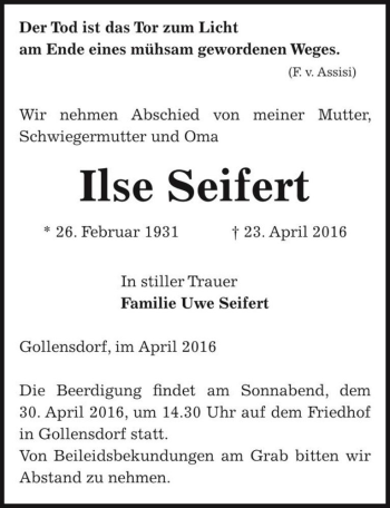 Traueranzeige von Ilse Seifert  von Magdeburger Volksstimme