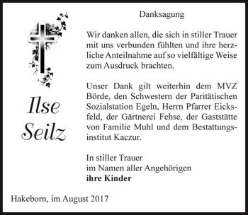 Traueranzeige von Ilse Seilz  von Magdeburger Volksstimme