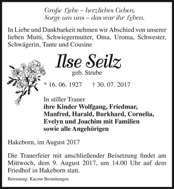 Traueranzeige von Ilse Seilz (geb. Strube)  von Magdeburger Volksstimme