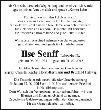 Traueranzeige von Ilse Senff  von Magdeburger Volksstimme