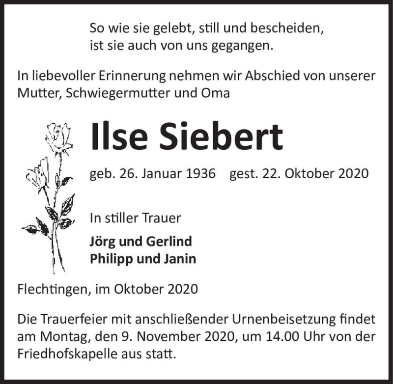  Traueranzeige für Ilse Siebert  vom 27.10.2020 aus Magdeburger Volksstimme