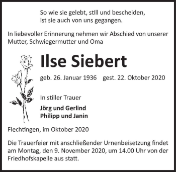 Traueranzeige von Ilse Siebert  von Magdeburger Volksstimme