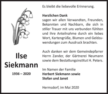 Traueranzeige von Ilse Siekmann  von Magdeburger Volksstimme
