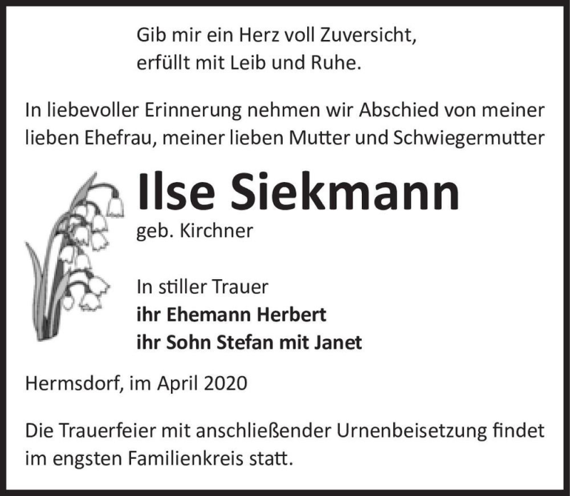  Traueranzeige für Ilse Siekmann (geb. Kirchner)  vom 22.04.2020 aus Magdeburger Volksstimme
