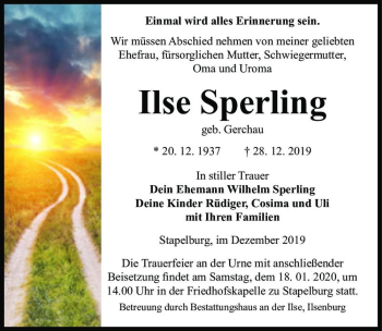 Traueranzeige von Ilse Sperling (geb. Gerchau)  von Magdeburger Volksstimme