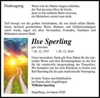 Traueranzeige von Ilse Sperling (geb. Gerchau)  von Magdeburger Volksstimme